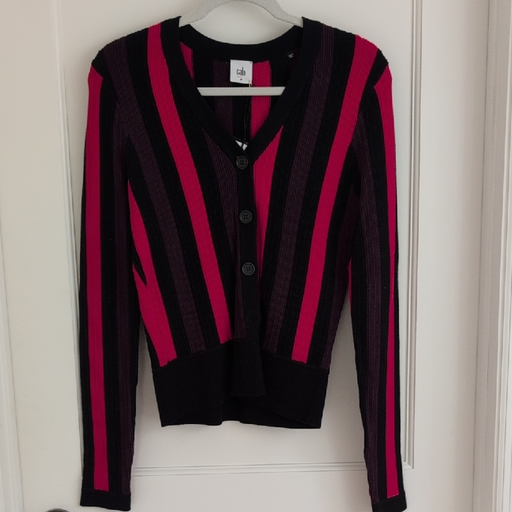 CAbi Royal Pullover Sweater #3538 Med Striped V-Neck Cotton Blend Cardigan EUC